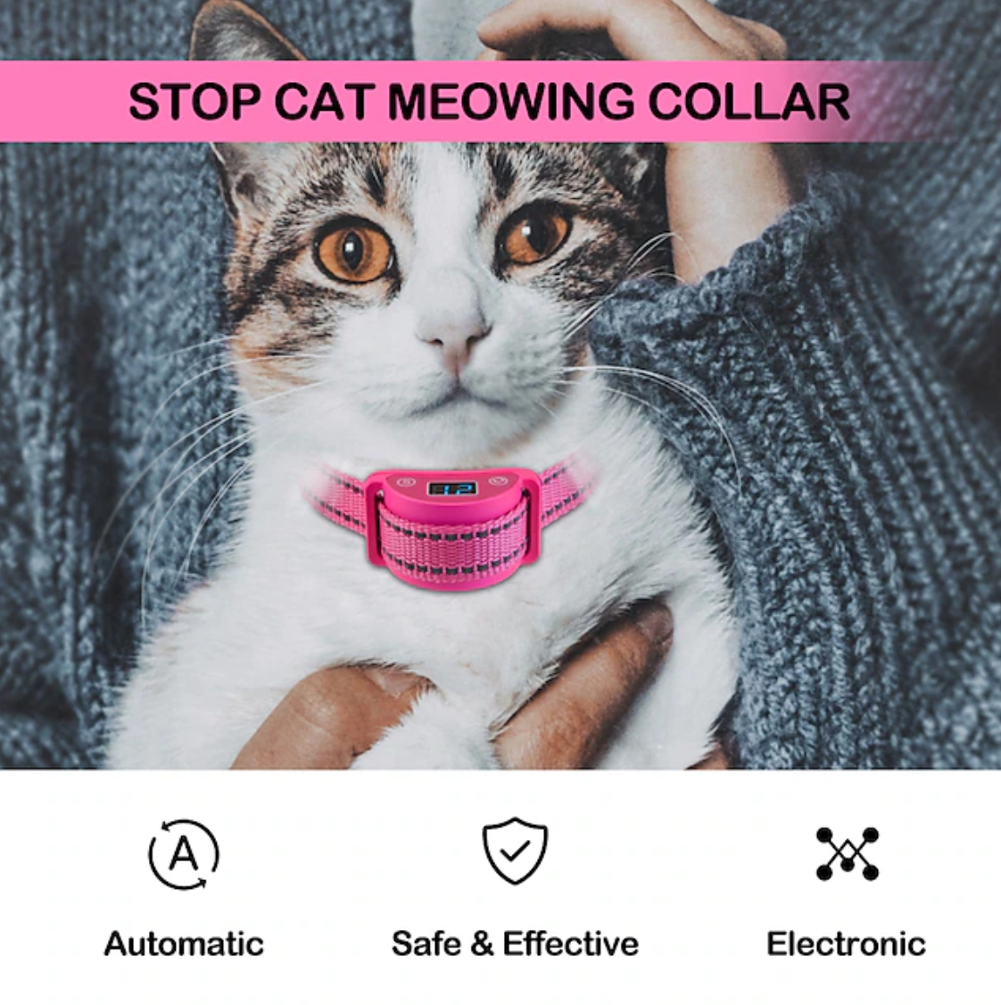 Barre d'arrêt pour chat rose pour empêcher les chats de miauler 5 niveaux d'entraînement progressif - sûr et réfléchissant